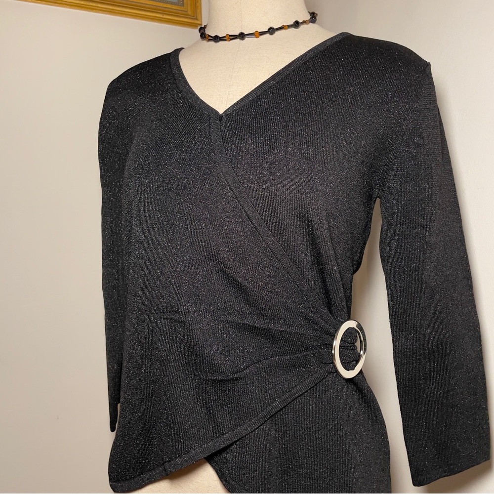 Black Sparkly V-Neck Faux Wrap Sweater Gold Ring Accent by Joseph A
Size Medium - Picture 8 of 15